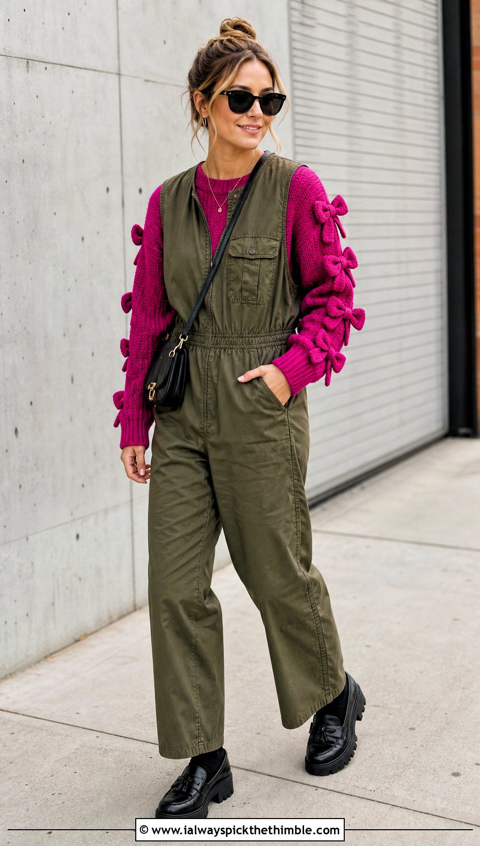 Sleeve Bow Crochet Sweater With Utility Jumpsuit - 20 crochet bow sweater outfit ideas