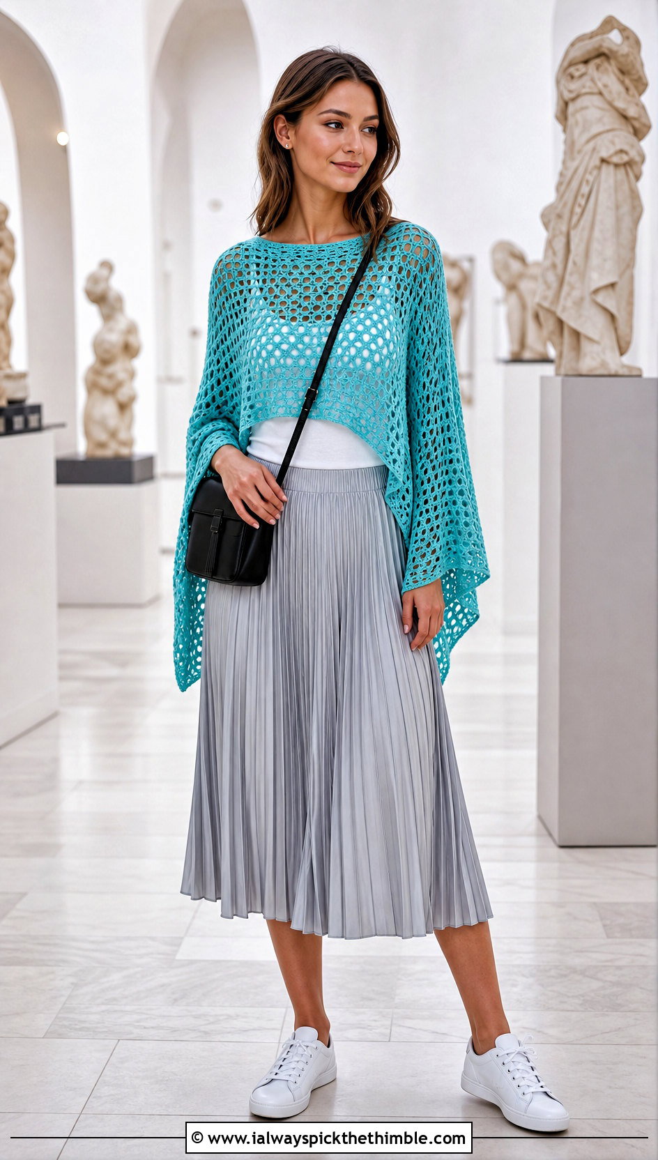 Sleeve Crochet Poncho With Pleated Skirt And Sneakers - 15 Crochet Shawls And Ponchos outfit ideas