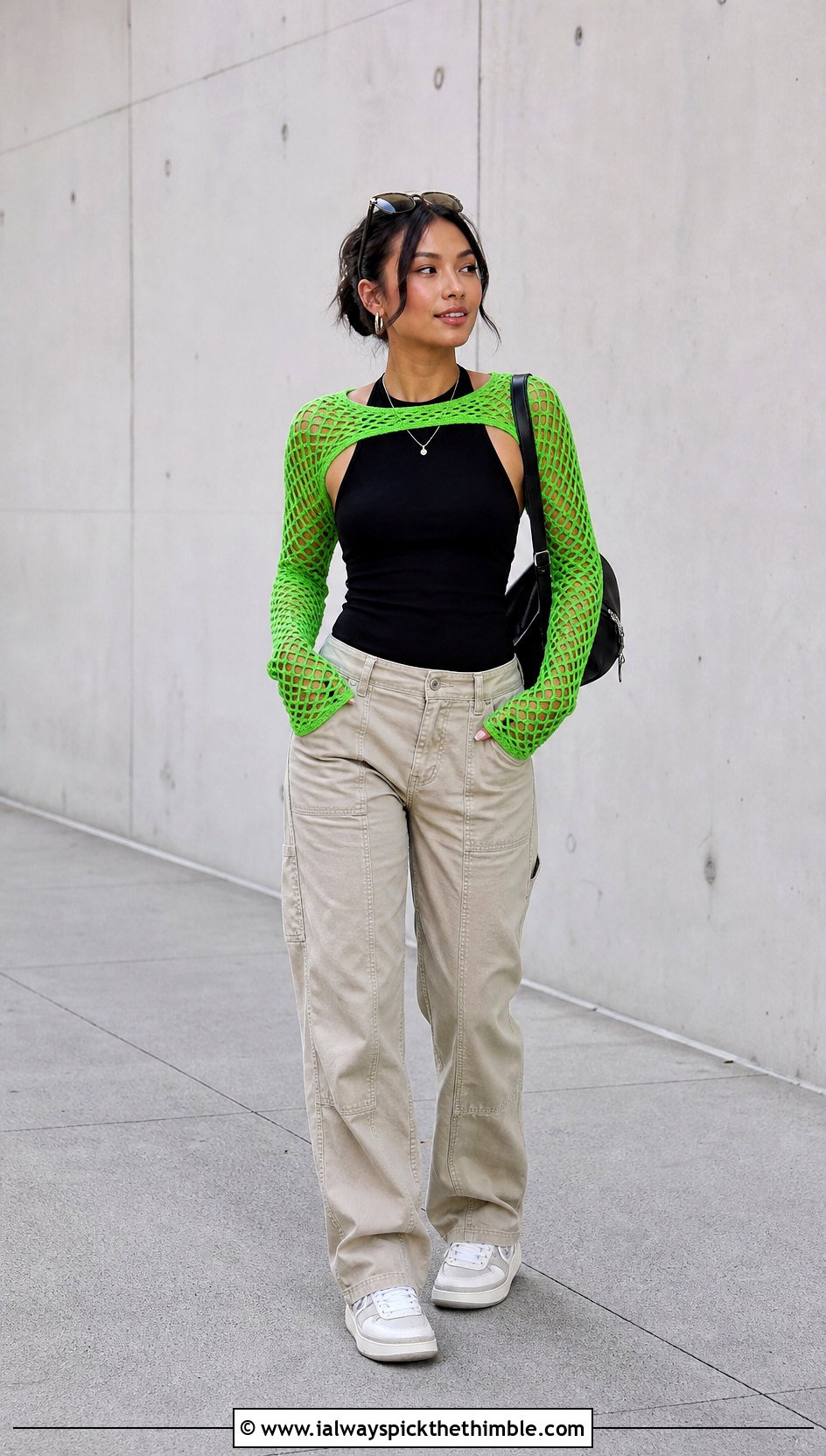 Sleeve Only Fishnet Crochet Bolero With Utility Pants - 20 Fishnet Crochet Bolero outfit ideas