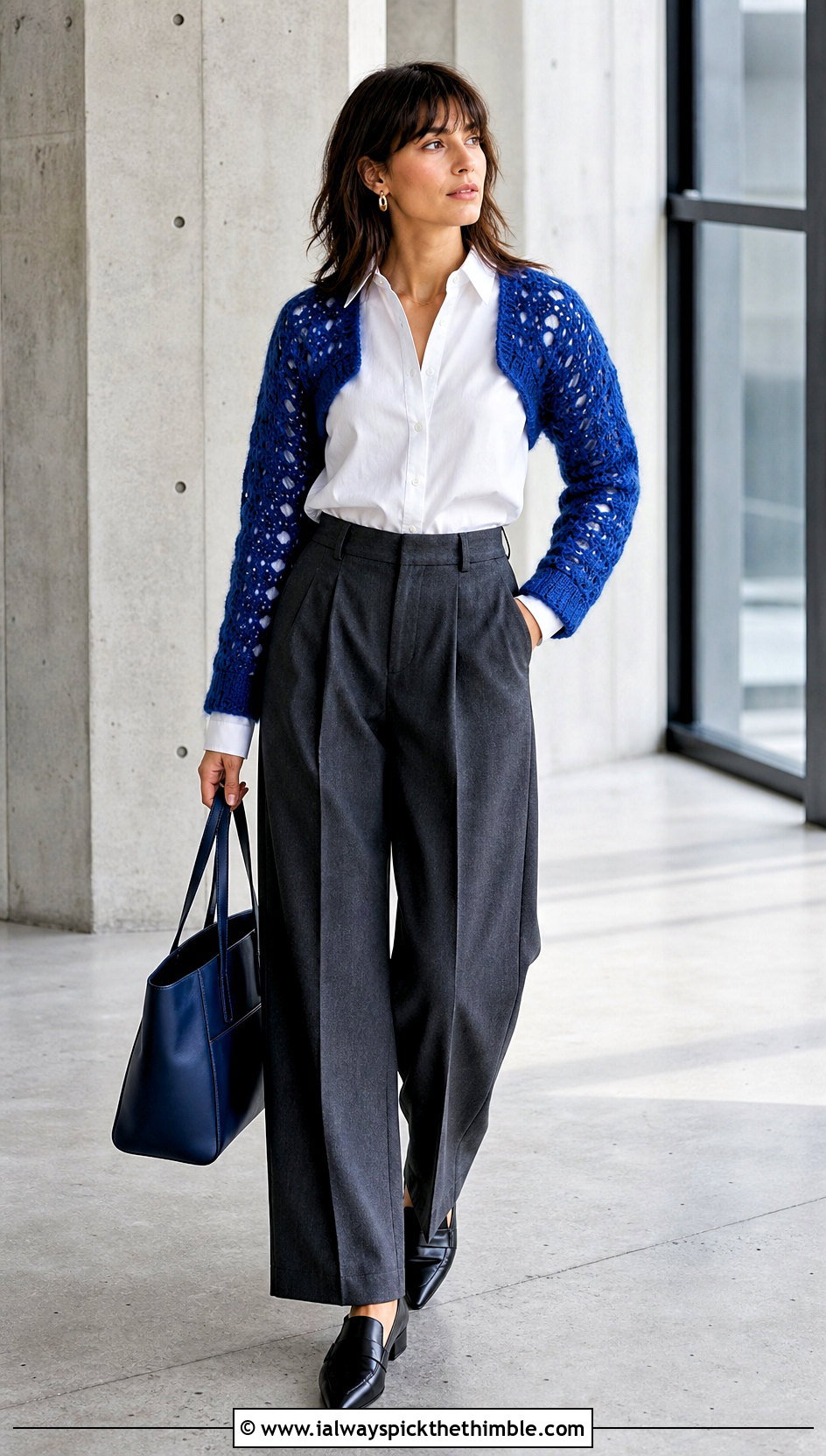Sleeve Only Mohair Crochet Shrug With Tailored Trousers - 20 mohair crochet shrug outfit ideas