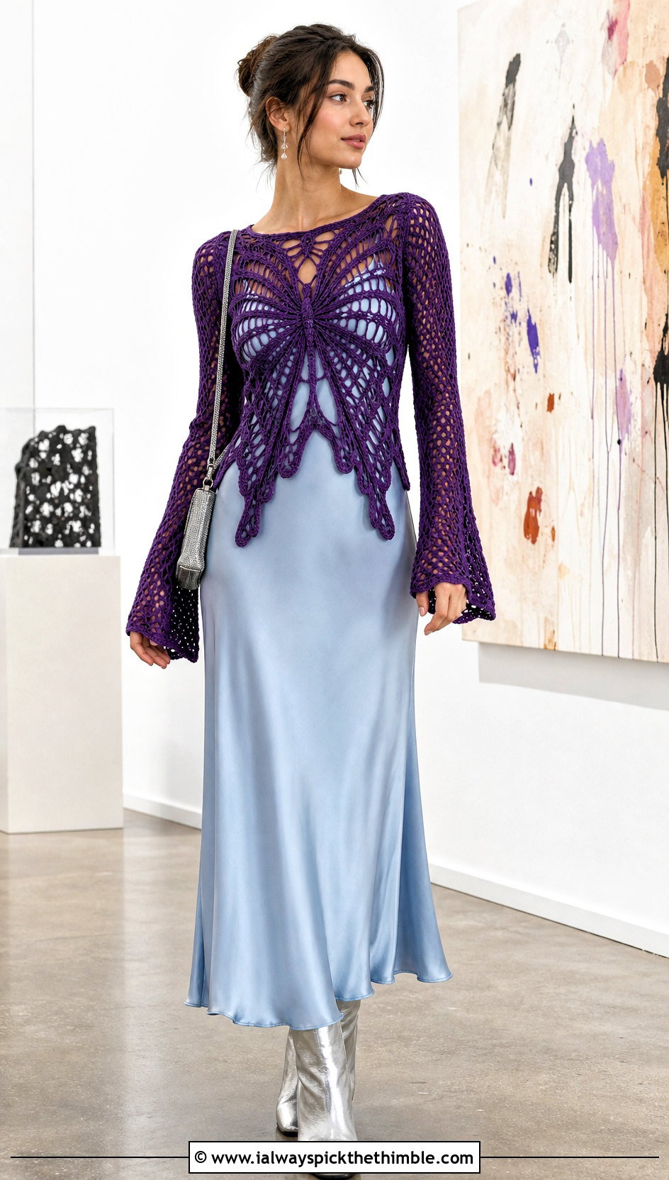 Sleeved Crochet Butterfly Top With A Slip Dress - 25 Crochet Butterfly Top outfit ideas