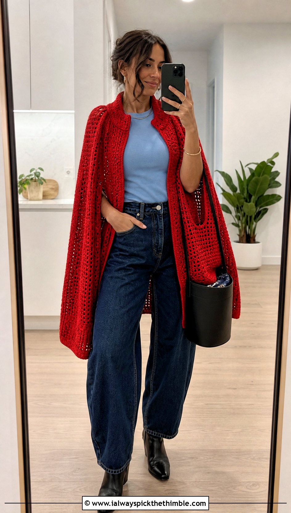 Sleeved Crochet Cape Coat With Barrel Leg Jeans - 15 Crochet Cape Coat outfit ideas