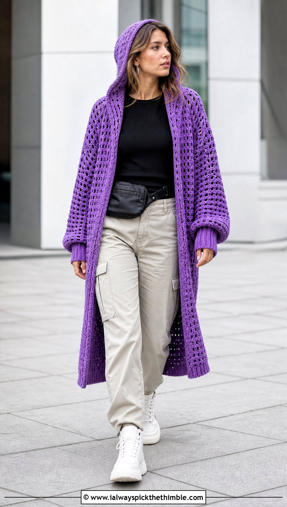 Sleeved Crochet Hoodie Blanket With Cargo Pants - 20 crochet hoodie blanket outfit ideas