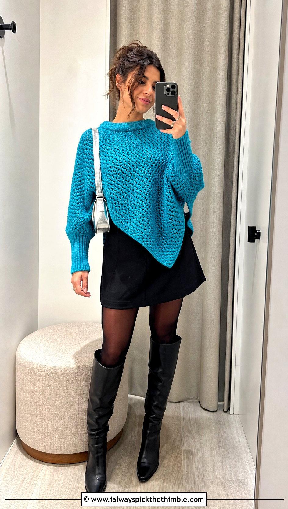 Sleeved Crochet Poncho Sweater With Mini Skirt - 20 Beginner Crochet Poncho outfit ideas