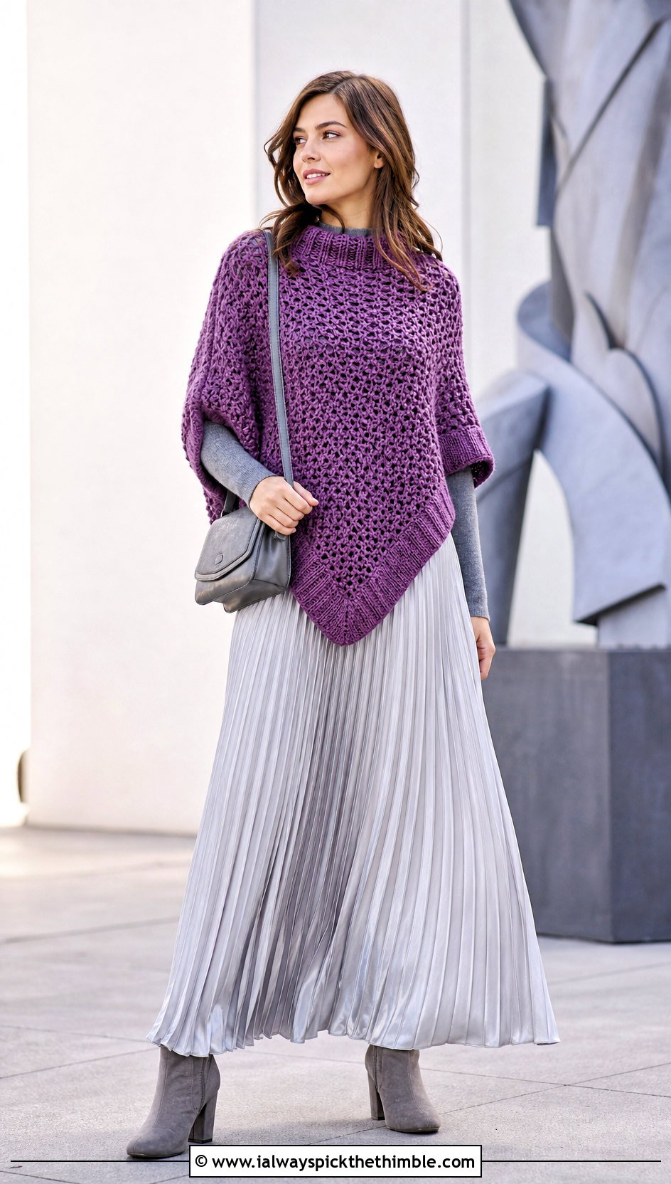 Sleeved Crochet Poncho With Pleated Maxi Skirt - 15 Winter Crochet Poncho outfit ideas
