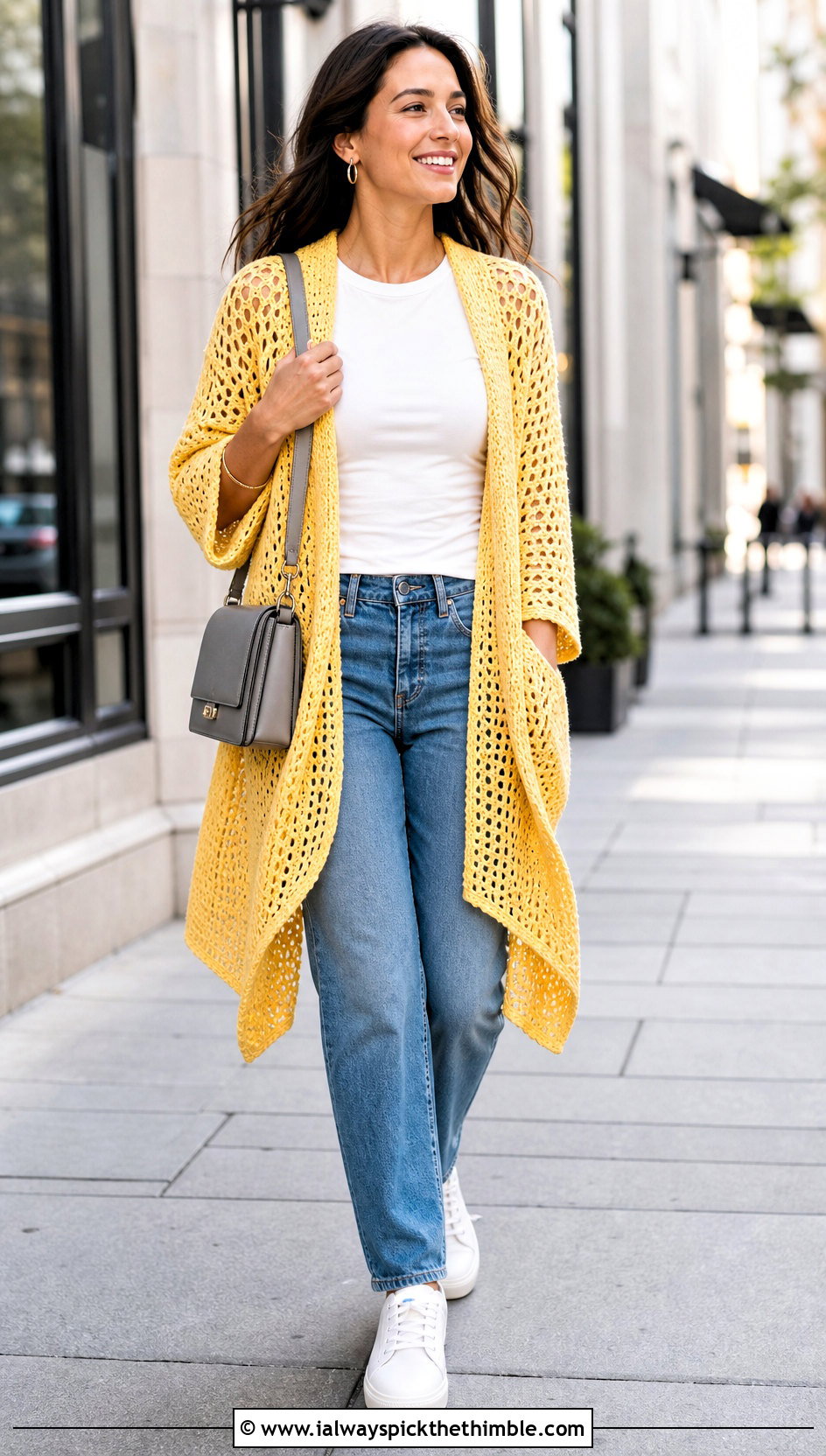 Sleeved Crochet Sweater Shawl With Straight Leg Jeans - 20 crochet sweater shawl outfit ideas