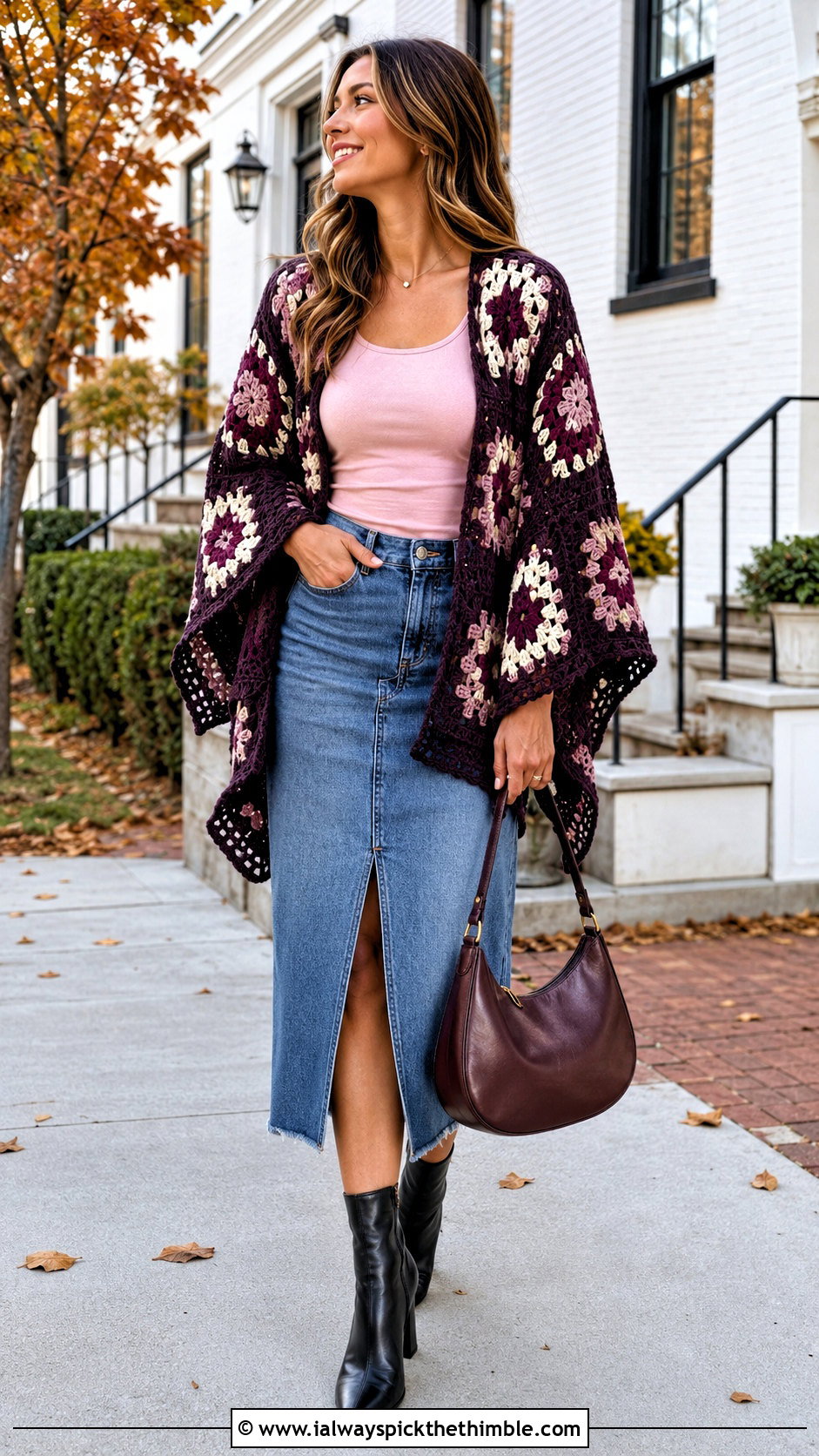 Sleeved Granny Square Poncho With Denim Midi Skirt - 25 granny square poncho outfit ideas