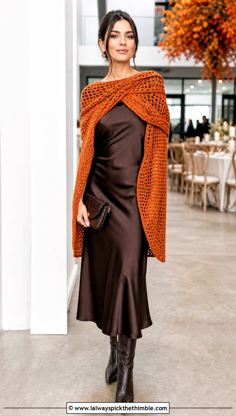 Sleeved Katniss Shawl With Satin Slip Dress - 20 Crochet Katniss Shawl outfit ideas