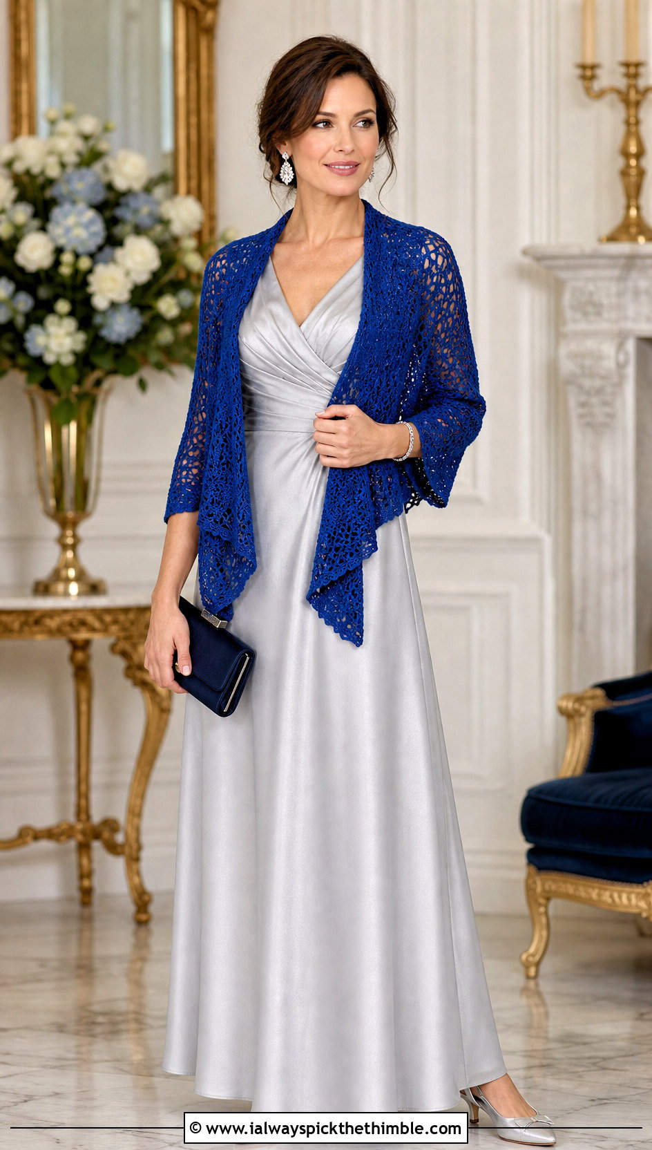 Sleeved Shawl Crochet Shrug Wrap With Formal Maxi Dress - 20 crochet shrug wrap outfit ideas