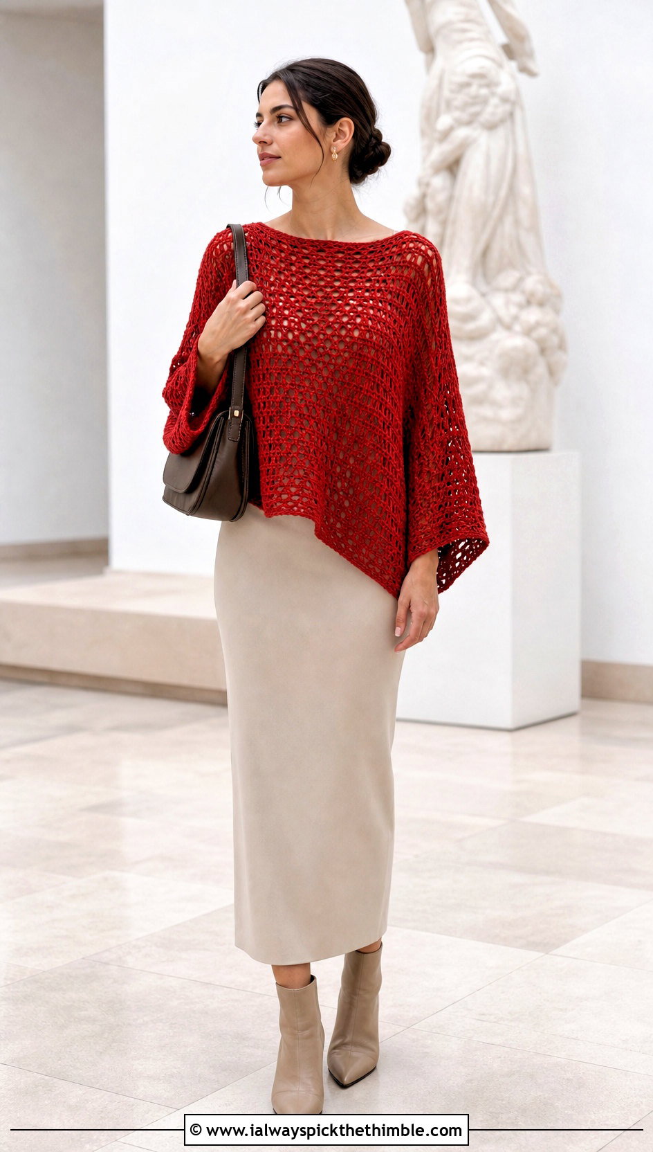 Sleeved Swancho Crochet Poncho Top With Midi Dress - 20 Crochet Poncho Top outfit ideas