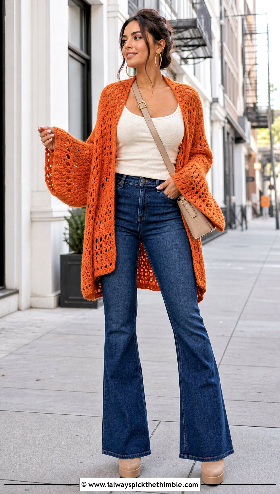 Sleeved Swancho Crochet Poncho With Flared Jeans - 25 crochet poncho woman outfit ideas