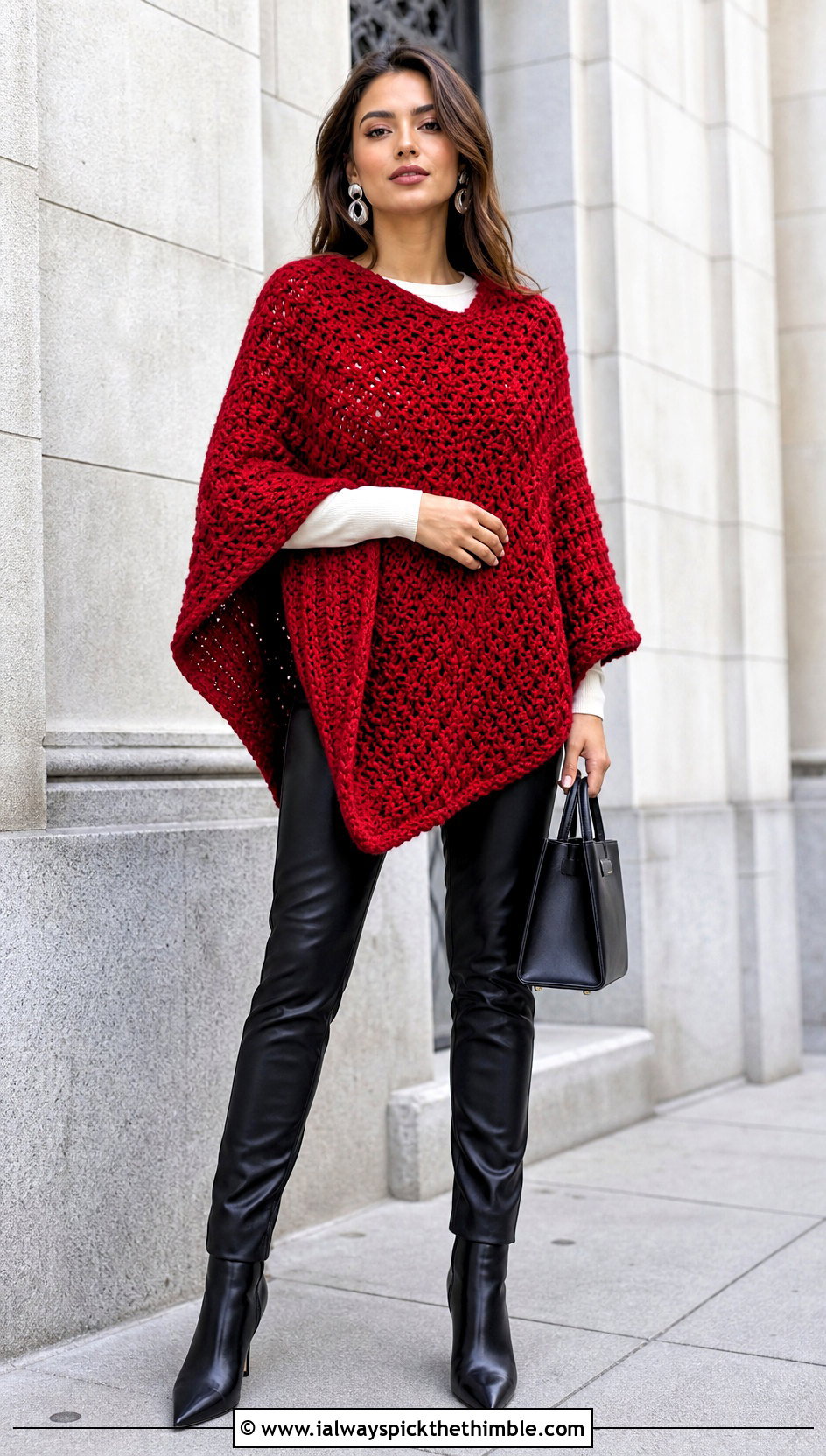 Sleeved Swancho Crochet Poncho With Leather Pants - 15 Crochet Womens Poncho outfit ideas
