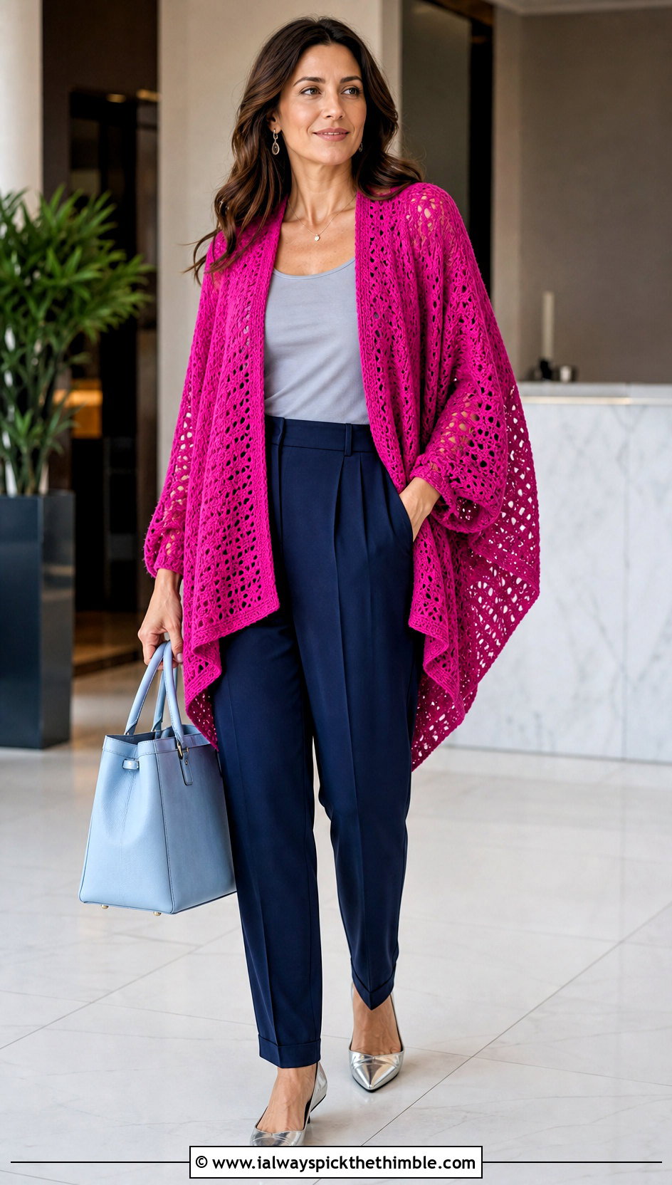 Sleeved Swancho Crochet Poncho With Pleated Trousers - 15 Lightweight Crochet Poncho outfit ideas