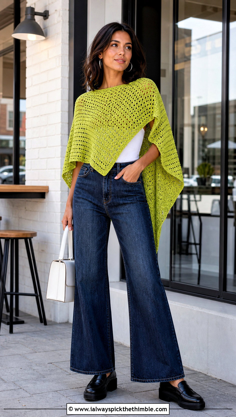 Sleeved Swancho Crochet Poncho With Wide Leg Jeans - 20 crochet poncho for women outfit ideas
