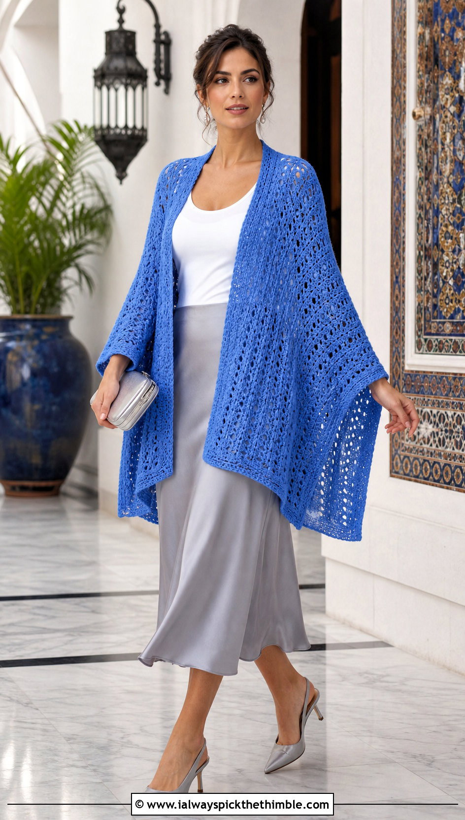 Sleeved Swancho Uptown Crochet Poncho With Satin Skirt - 15 Uptown Crochet Poncho outfit ideas