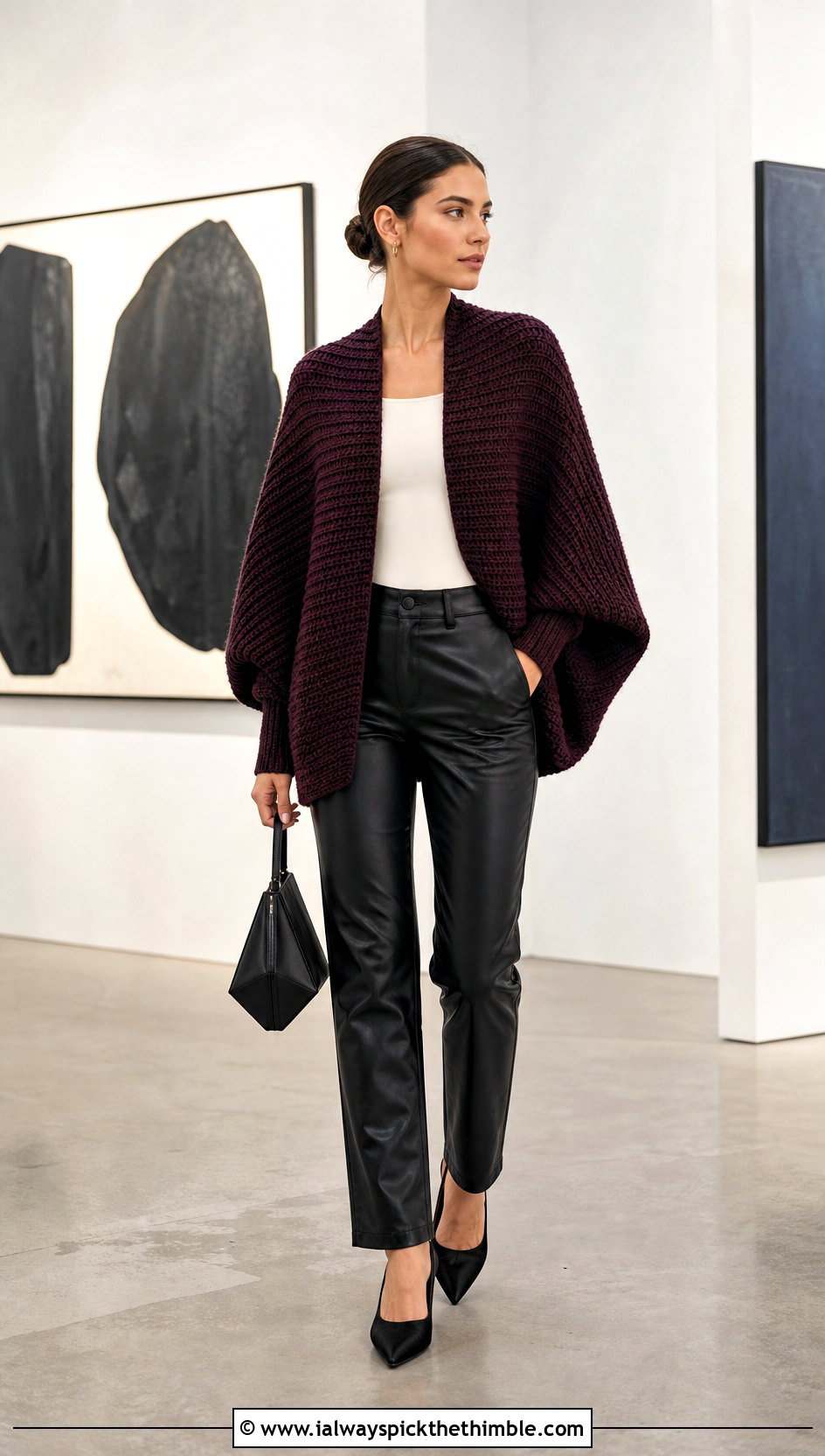 Sleeved Swoncho Sweater With Leather Pants - 25 crochet poncho sweater outfit ideas