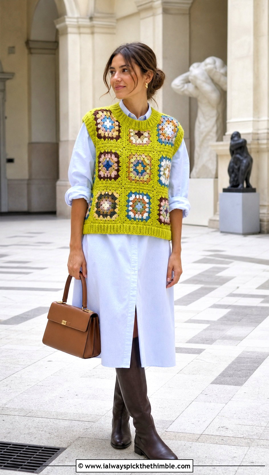 Sleeveless Big Granny Square Sweater Vest With Shirt Dress - 25 big granny square sweater outfit ideas