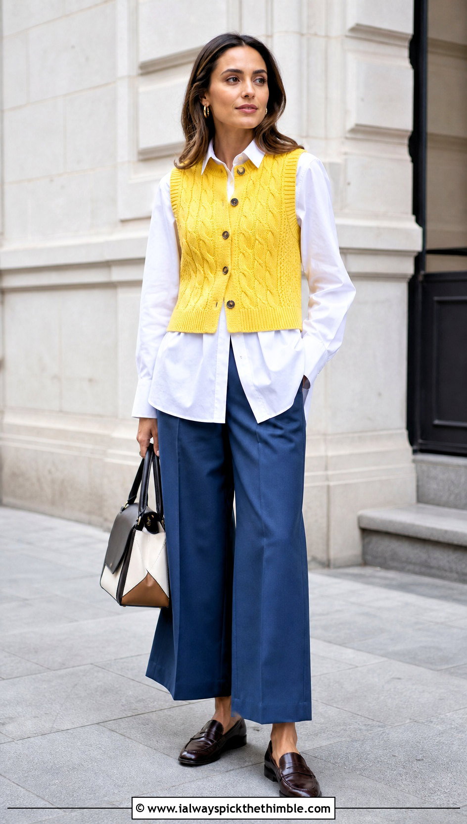 Sleeveless Cable Cardigan With Shirt And Culottes - 20 Crochet Cable Cardigan outfit ideas