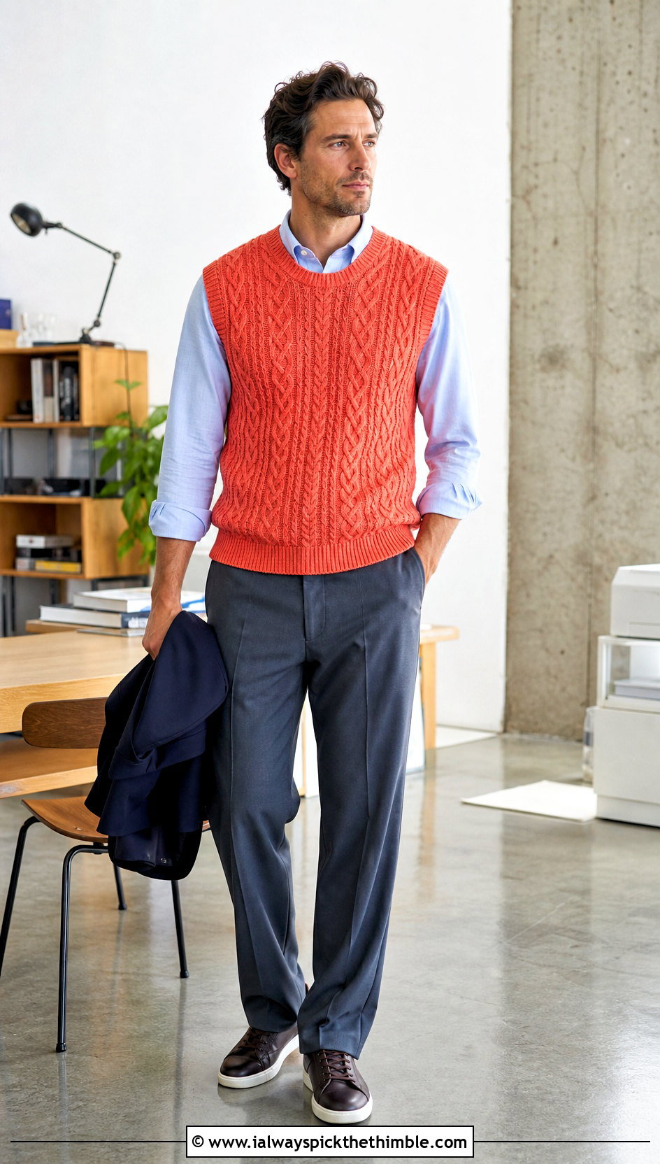 Sleeveless Cable Crochet Sweater Vest With Relaxed Suiting - 15 Mens Cable Crochet Sweater outfit ideas