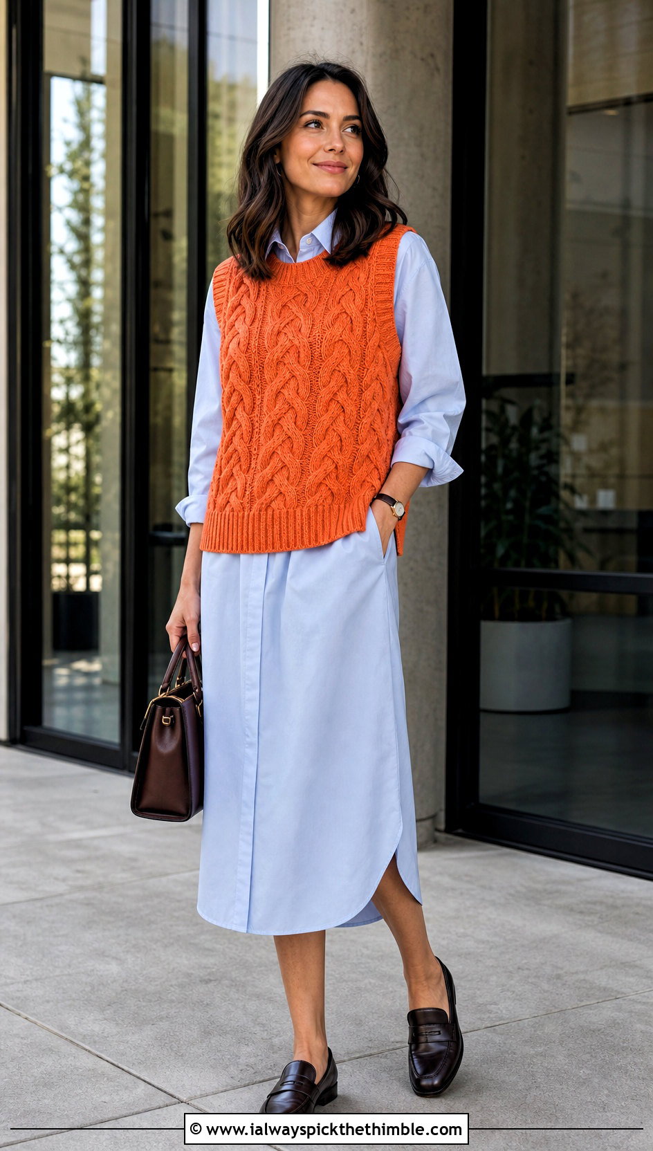 Sleeveless Cable Crochet Sweater Vest With Shirt Dress - 20 crochet cable knit sweater outfit ideas
