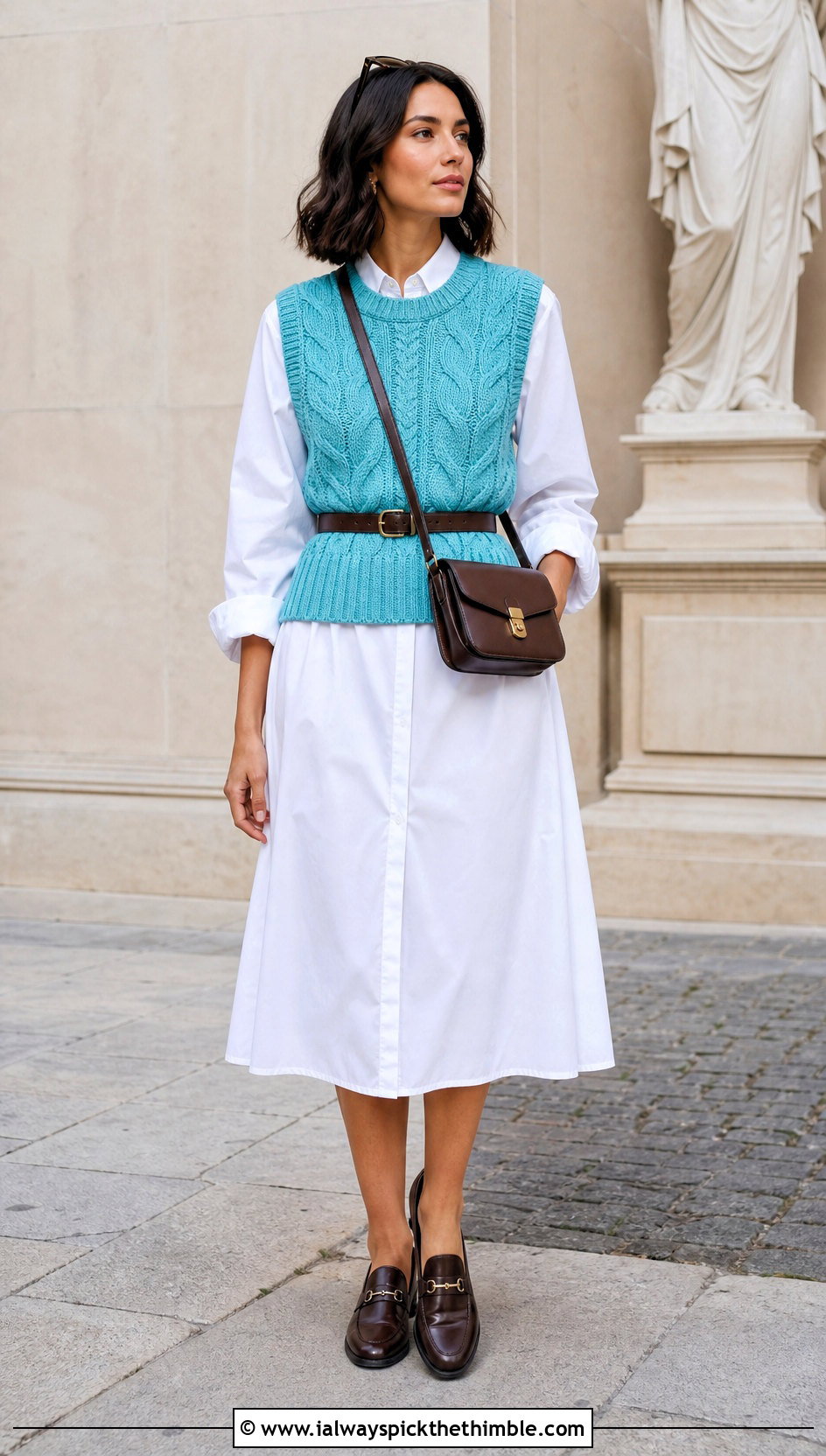 Sleeveless Cable Crochet Sweater Vest With Shirt Dress - 20 Cable Knit Crochet Sweater outfit ideas
