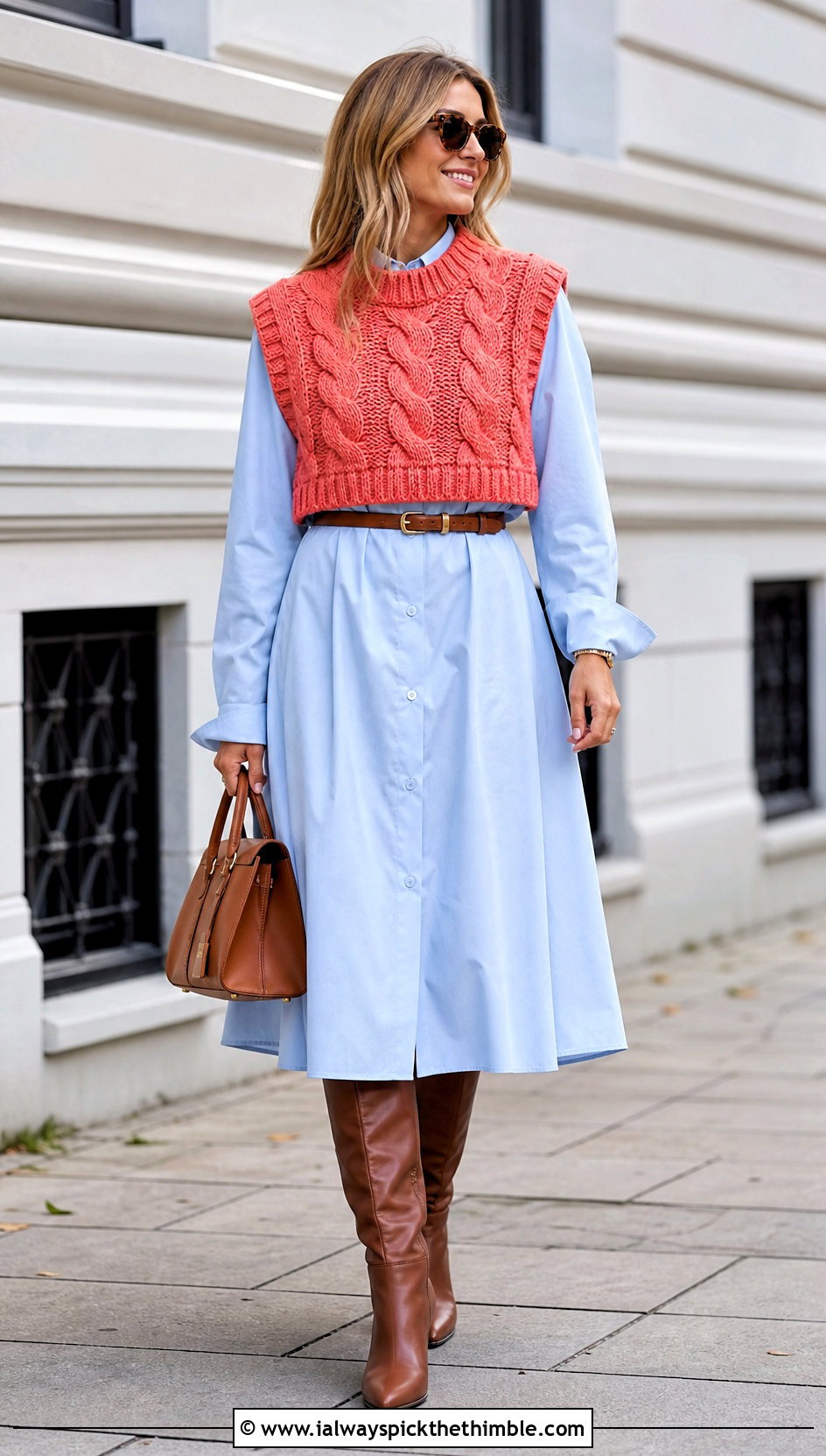 Sleeveless Cable Crochet Sweater With Shirt Dress And Boots - 25 cable crochet sweater outfit ideas