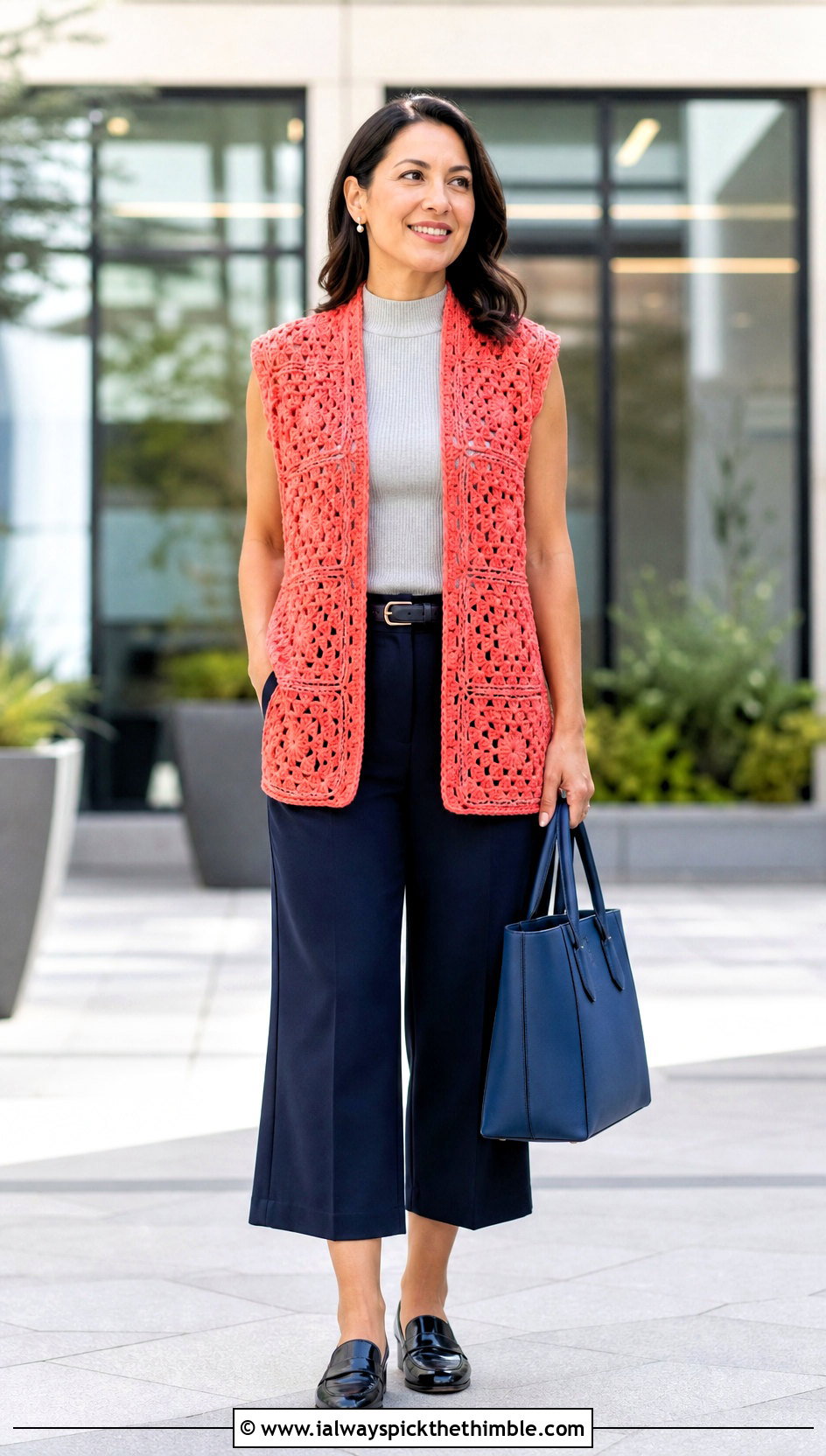 Sleeveless Continuous Granny Square Cardigan With Culottes - 20 continuous granny square cardigan outfit ideas