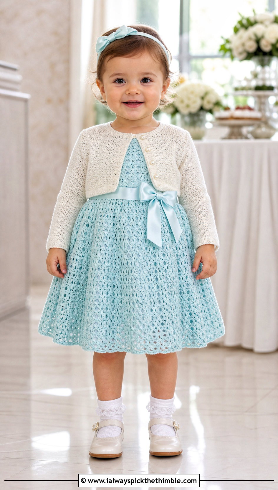 Sleeveless Crochet A Line Baptism Dress With Pearl Cardigan - 15 crochet baptism dress outfit ideas