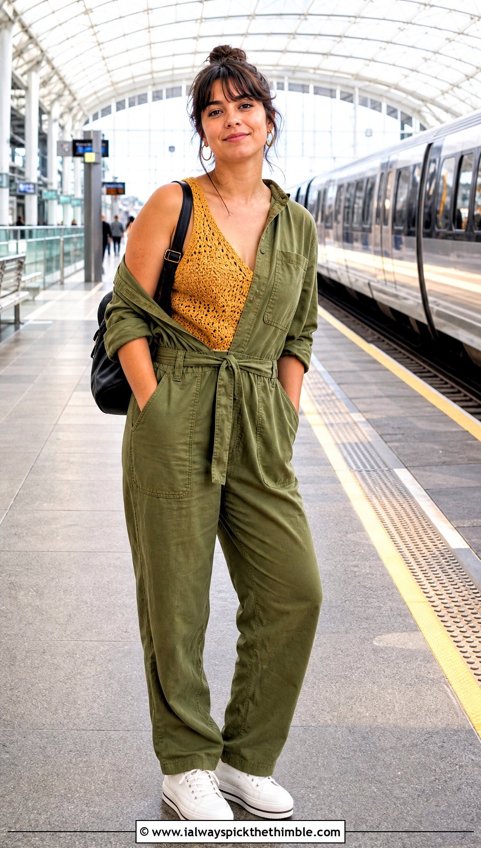 Sleeveless Crochet Blouse With Utility Jumpsuit - 25 crochet blouse outfit ideas