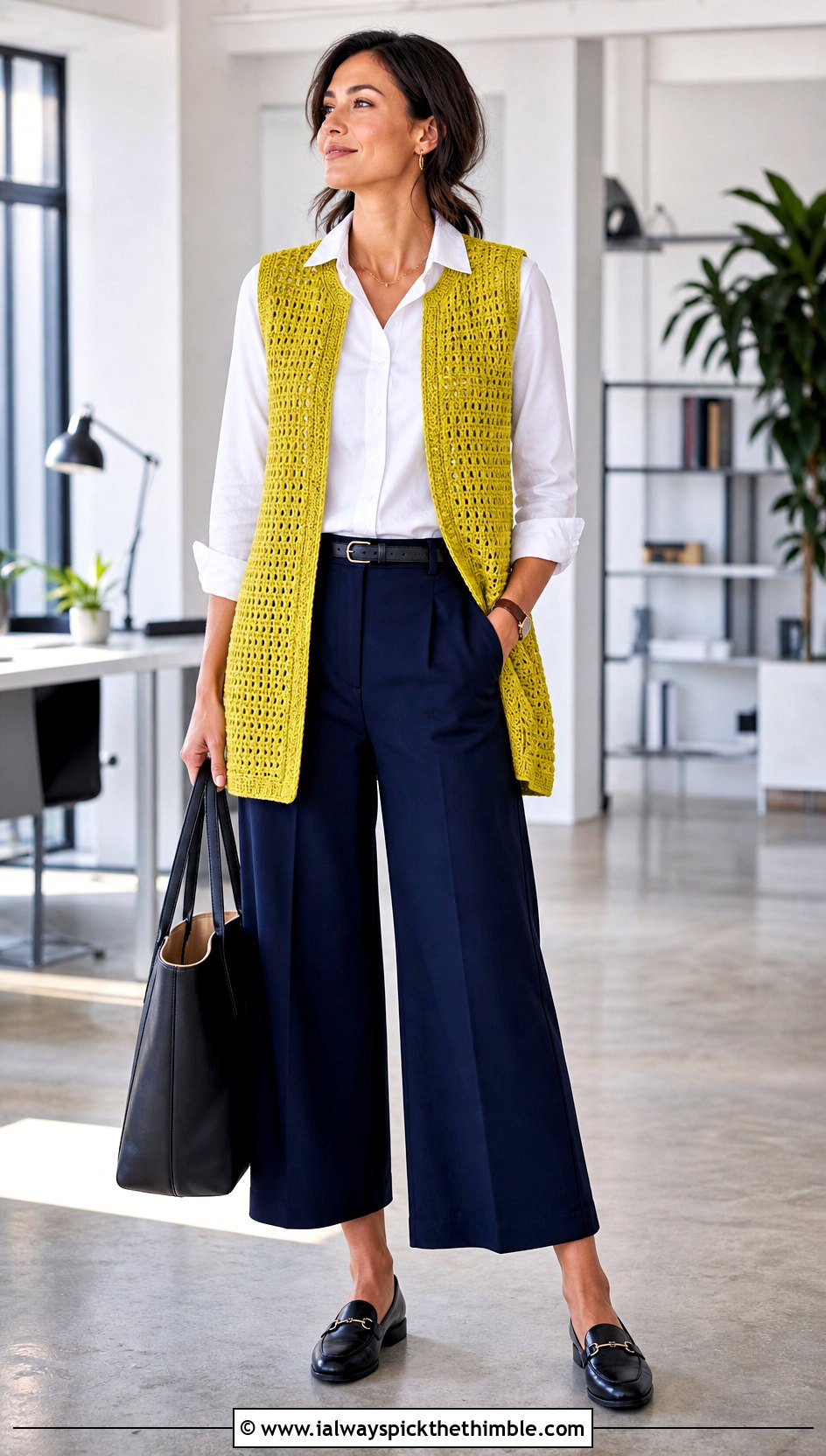 Sleeveless Crochet Cardigan With Culottes And Poplin Shirt - 20 light crochet cardigan outfit ideas