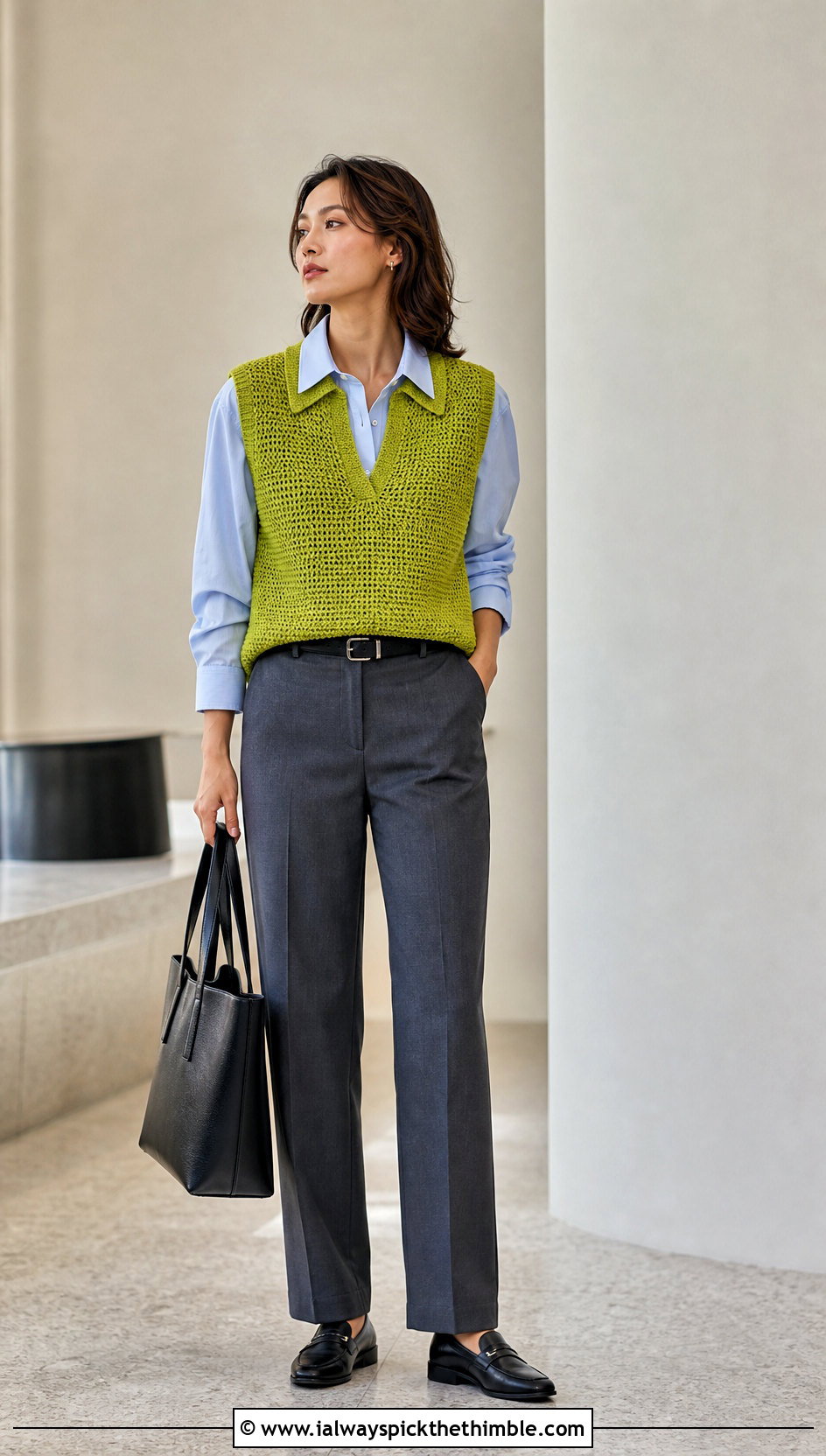 Sleeveless Crochet Collared Sweater Vest With Poplin Shirt - 20 Crochet Collared Sweater outfit ideas