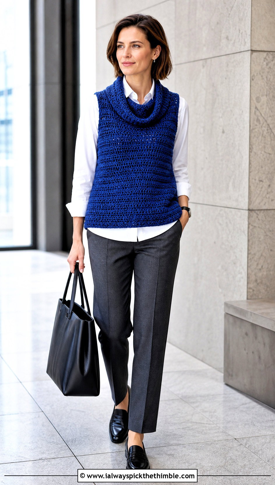 Sleeveless Crochet Cowl Neck Sweater With Button Down Shirt - 20 Crochet Cowl Neck Sweater outfit ideas