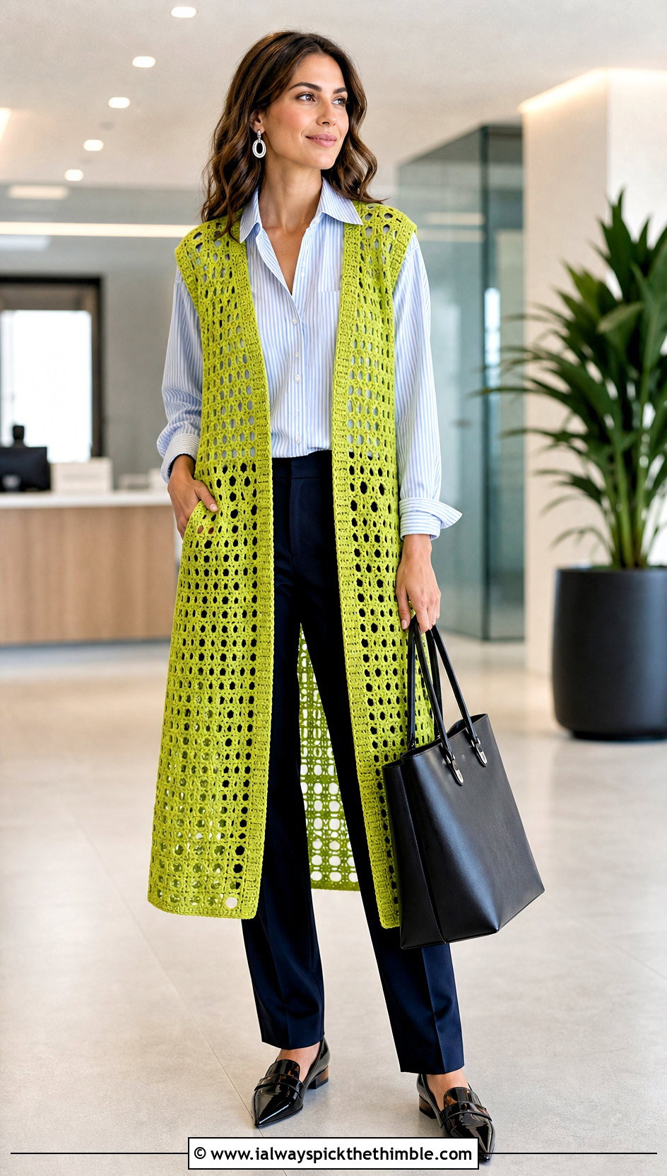 Sleeveless Crochet Duster With Button Down Shirt And Trousers - 25 crochet long sweater outfit ideas