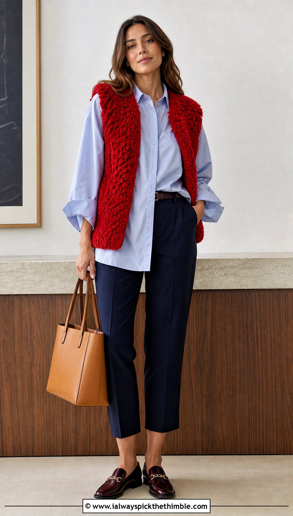 Sleeveless Crochet Fur Jacket With Poplin Shirt - 20 crochet fur jacket outfit ideas