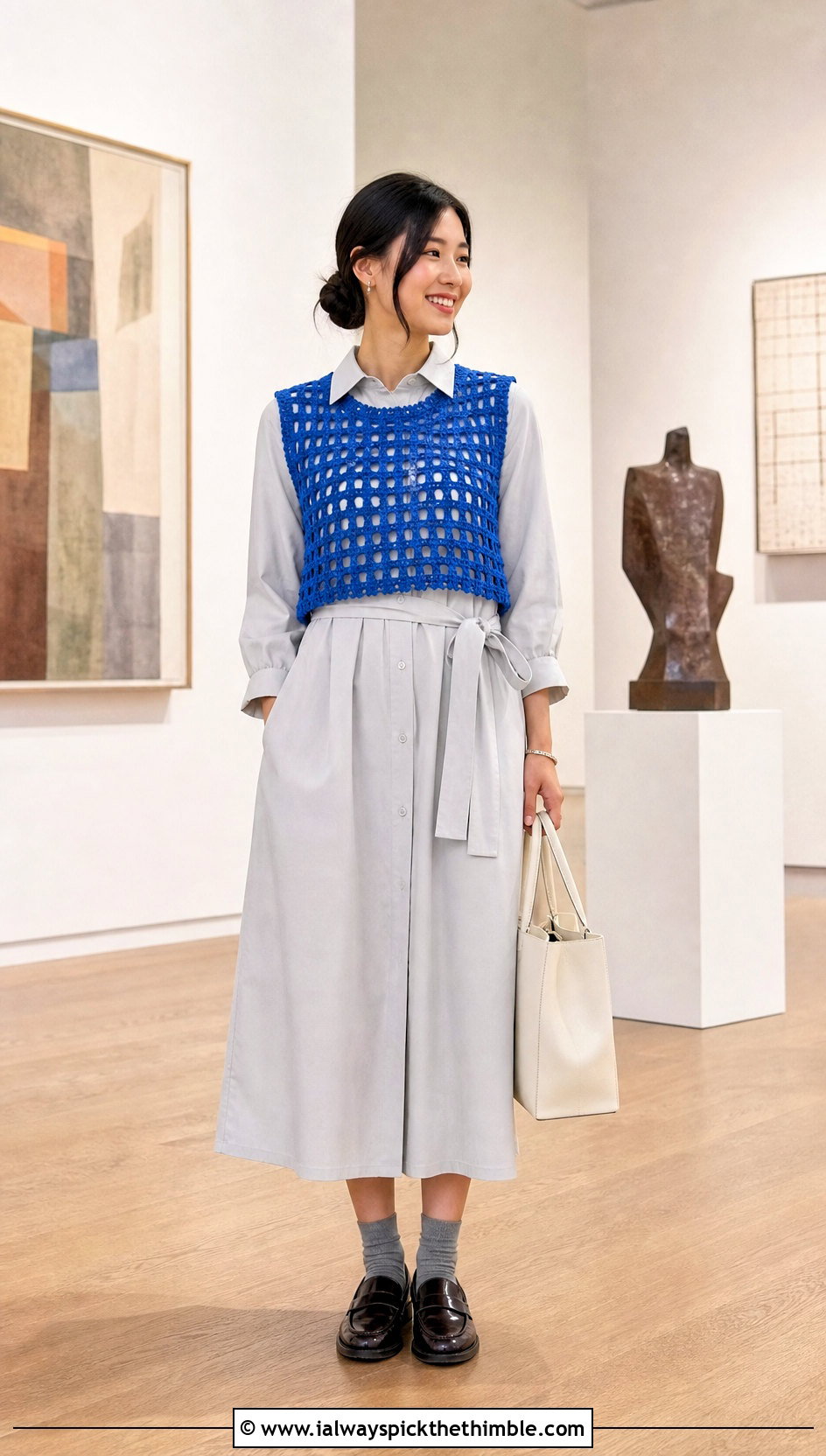 Sleeveless Crochet Grid Sweater Vest Over A Shirt Dress - 20 crochet grid sweater outfit ideas