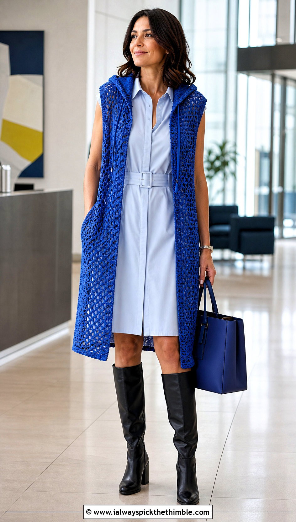 Sleeveless Crochet Hooded Cardigan With Shirt Dress - 25 crochet hooded cardigan outfit ideas