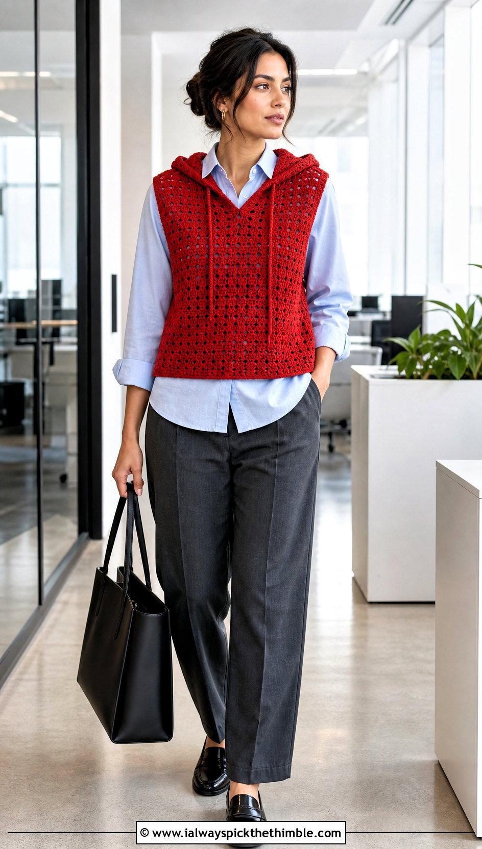 Sleeveless Crochet Hoodie With Button Down Shirt - 25 crochet hoodie outfit ideas
