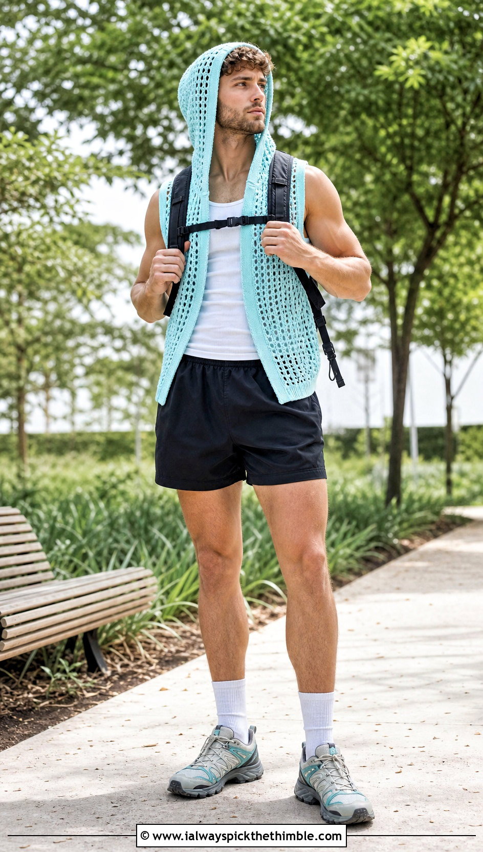 Sleeveless Crochet Hoodie With Nylon Shorts - 20 crochet men's clothes and outfit ideas