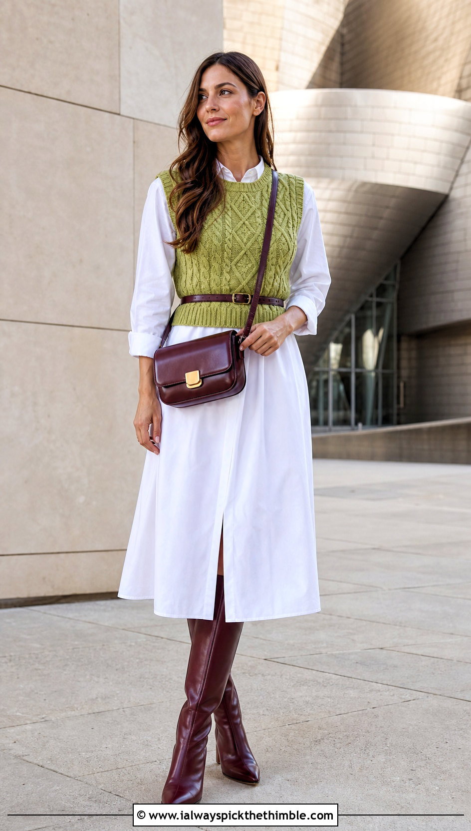 Sleeveless Crochet Irish Sweater Vest With Poplin Dress - 20 Crochet Irish Sweater outfit ideas