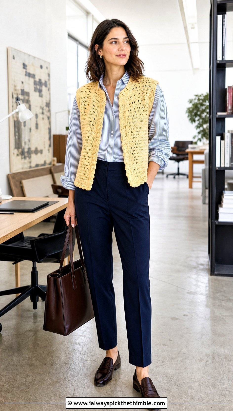 Sleeveless Crochet Jacket With Button Down Shirt - 20 crochet jacket for women outfit ideas