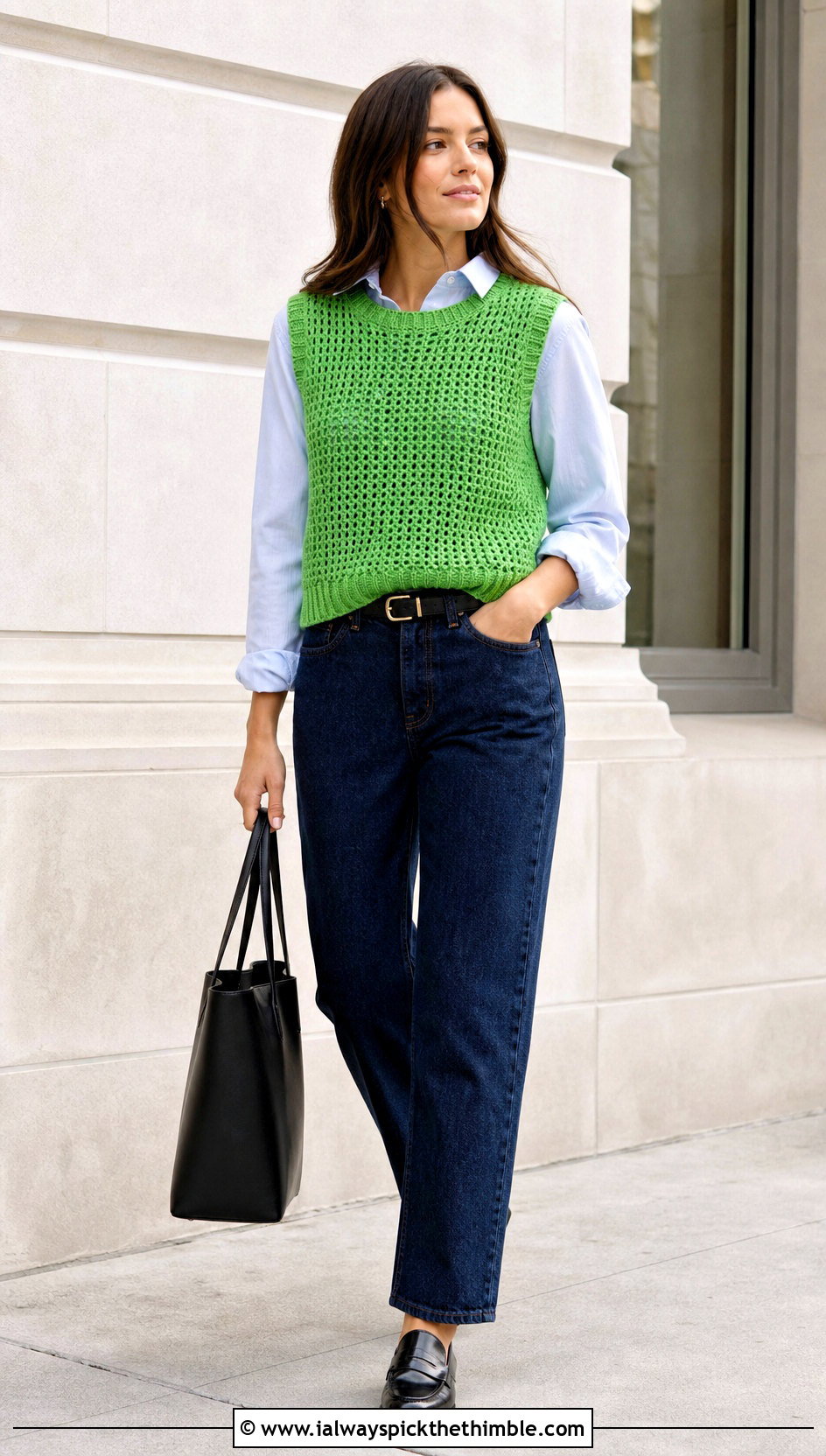 Sleeveless Crochet Jumper Vest With Poplin Shirt - 15 Ladies Crochet Jumper outfit ideas