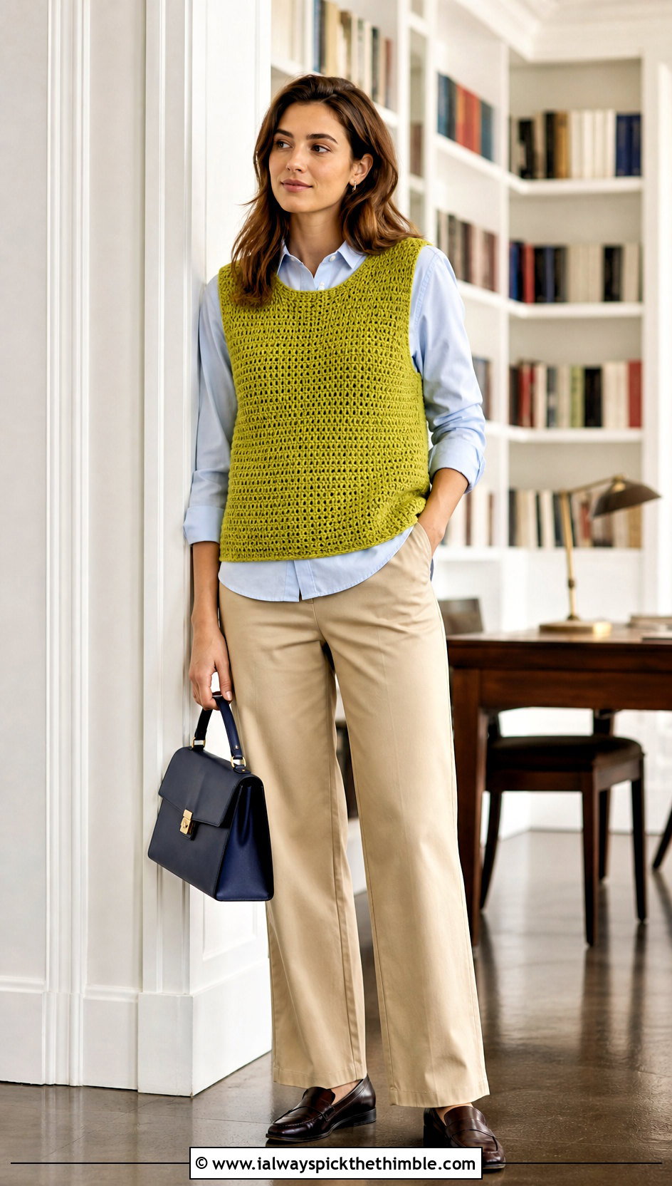 Sleeveless Crochet Jumper With Poplin Shirt And Chinos - 20 Cute Crochet Jumper outfit ideas