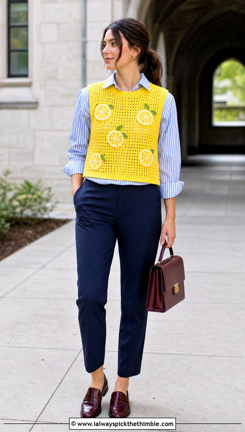 Sleeveless Crochet Lemon Sweater Vest With Striped Shirt - 20 Crochet Lemon Sweater outfit ideas