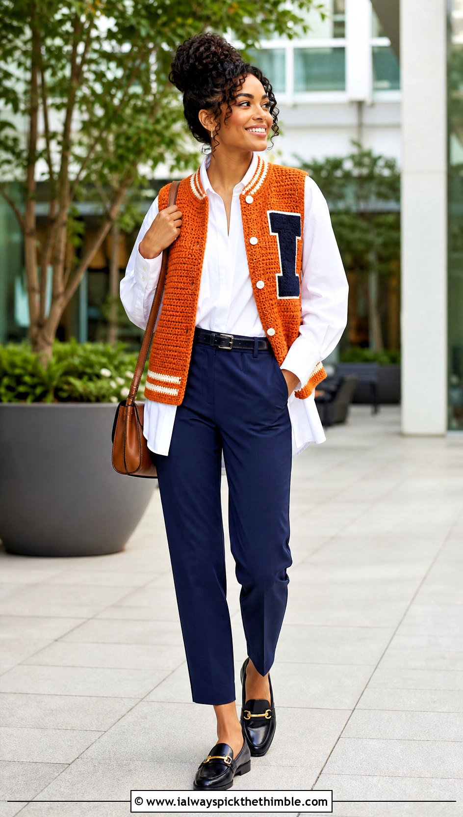 Sleeveless Crochet Letterman Jacket With Poplin Shirt - 20 crochet letterman jacket outfit ideas