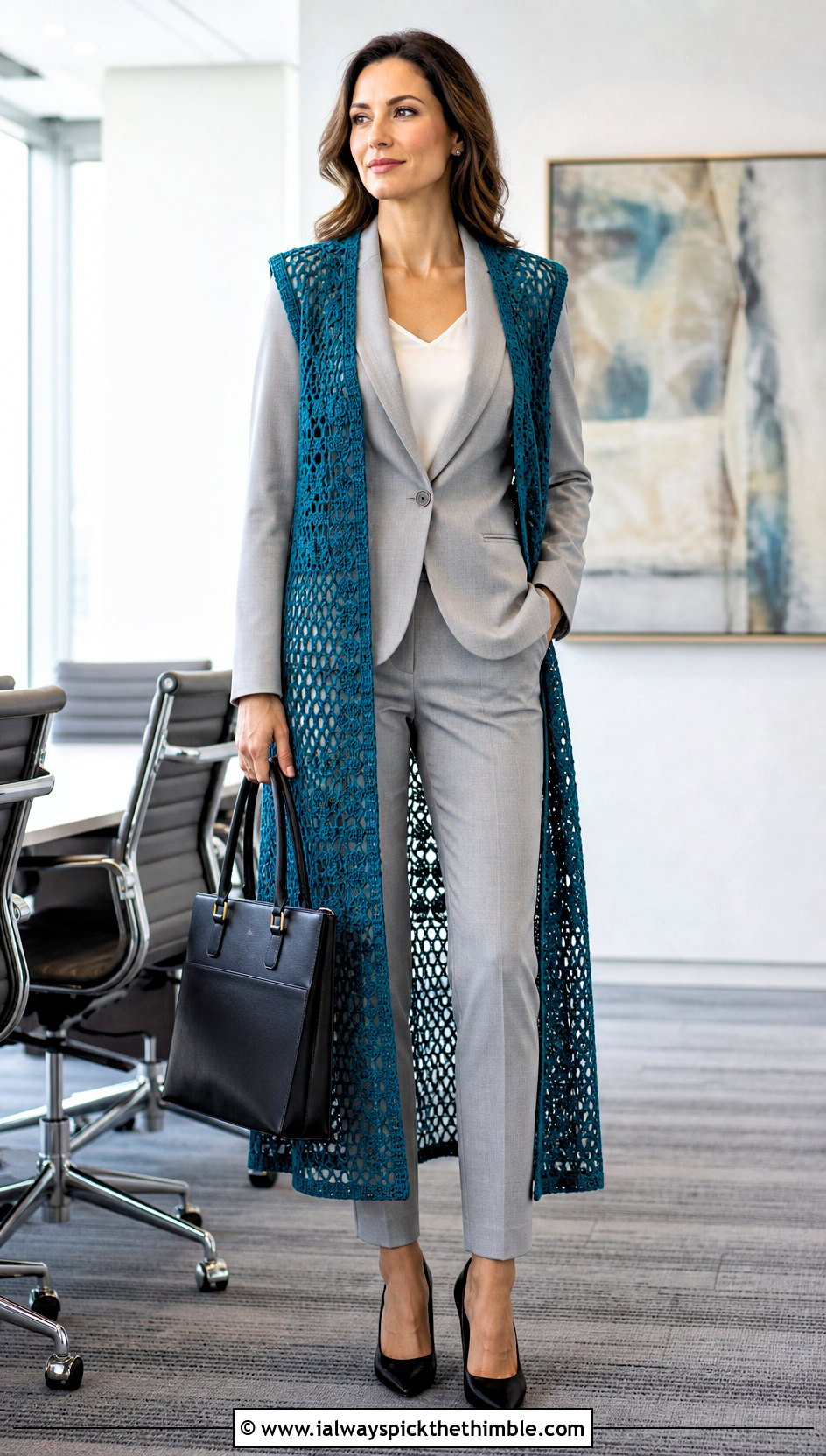 Sleeveless Crochet Long Coat With Office Suit - 25 crochet long coat outfit ideas
