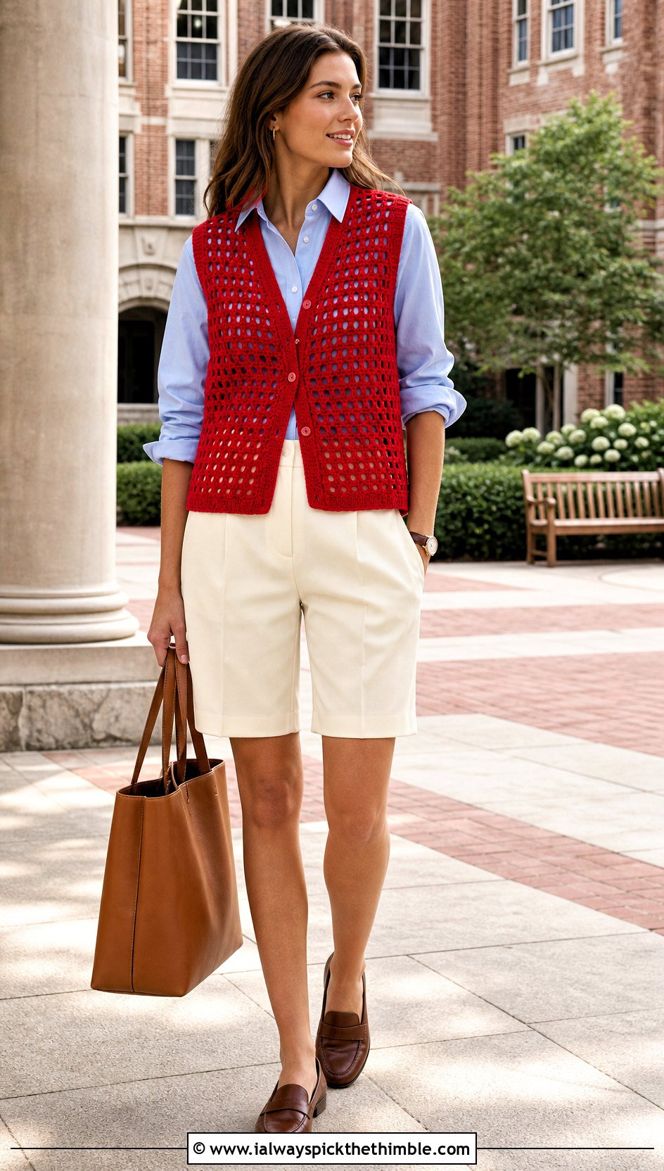 Sleeveless Crochet Mesh Cardigan With Poplin Shirt - 25 crochet mesh cardigan outfit ideas