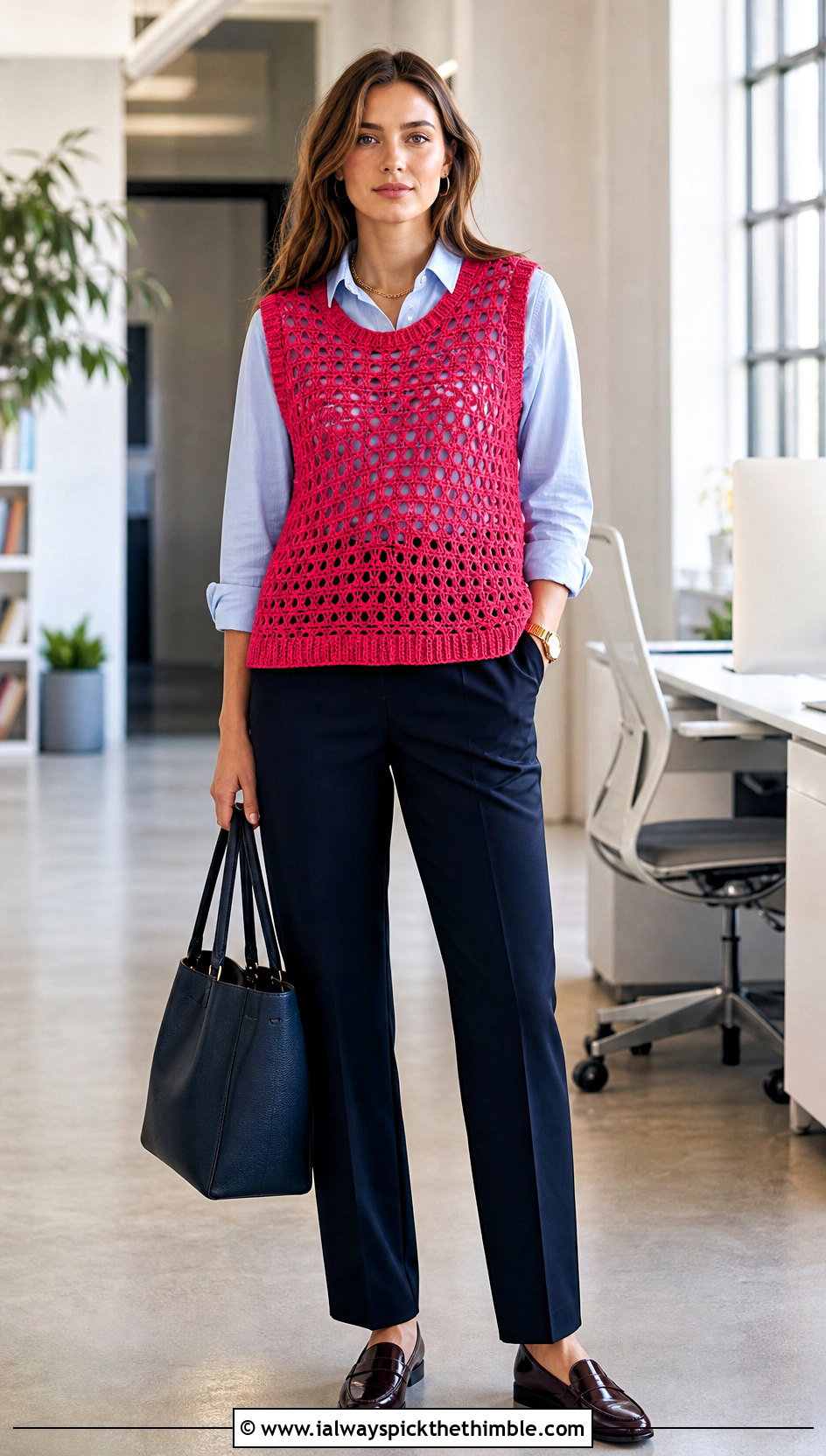 Sleeveless Crochet Mesh Jumper Vest With Poplin Shirt - 20 crochet mesh jumper outfit ideas