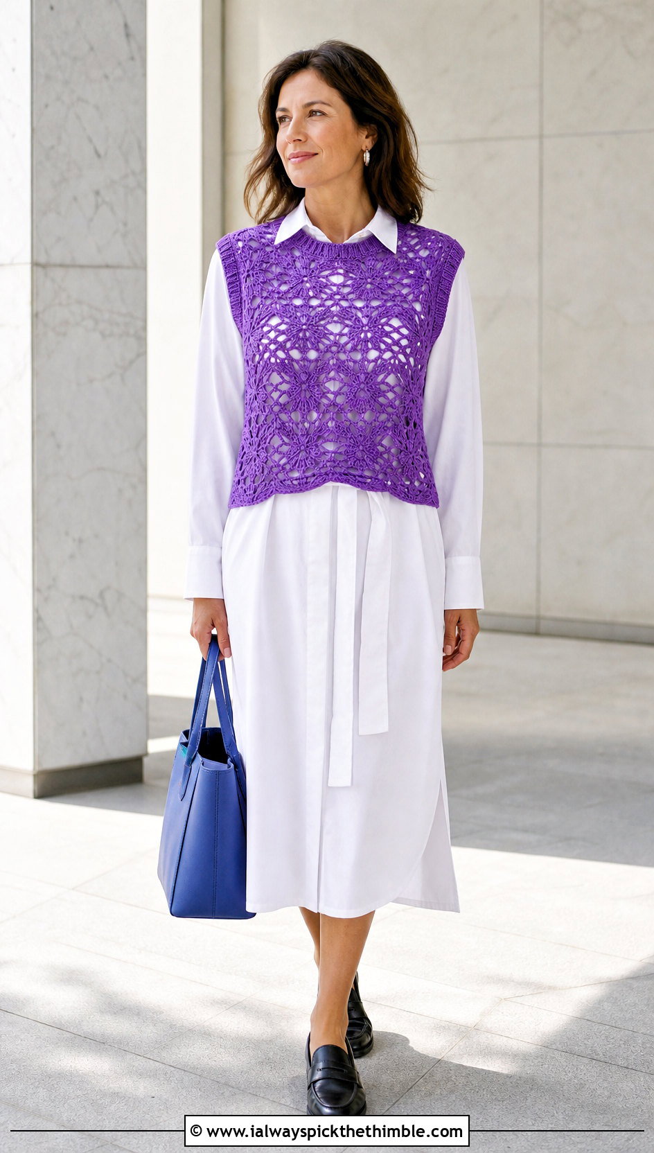 Sleeveless Crochet Pullover Over A Poplin Dress - 20 Easy Crochet Pullover outfit ideas