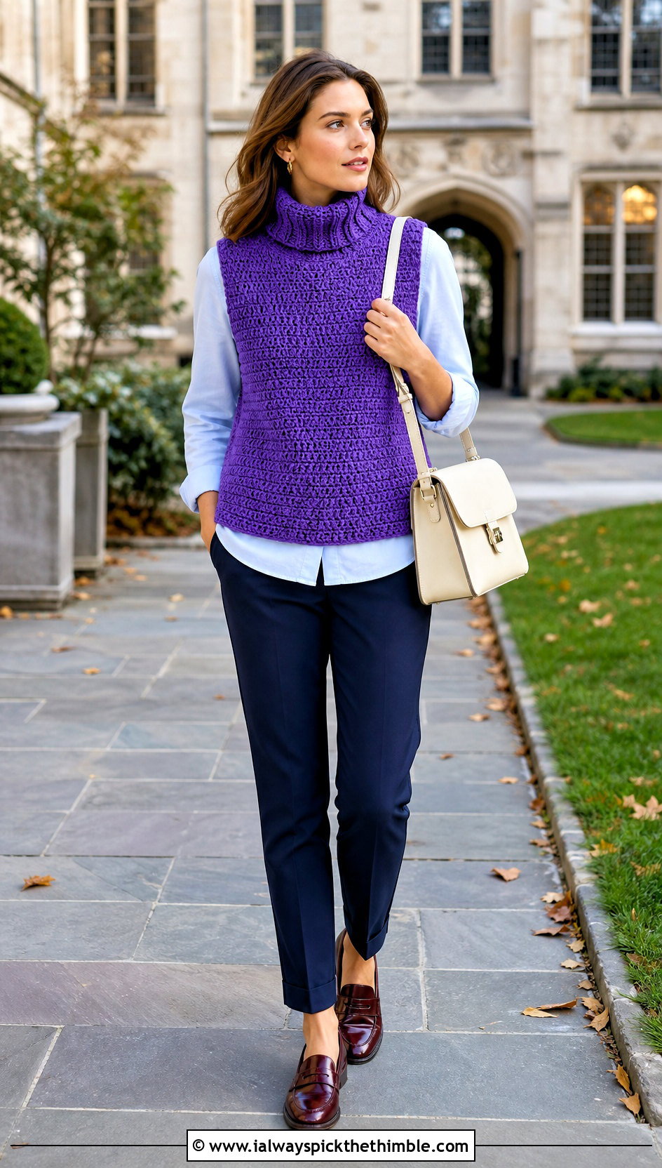 Sleeveless Crochet Roll Neck Sweater With Poplin Shirt - 20 Crochet Roll Neck Sweater outfit ideas