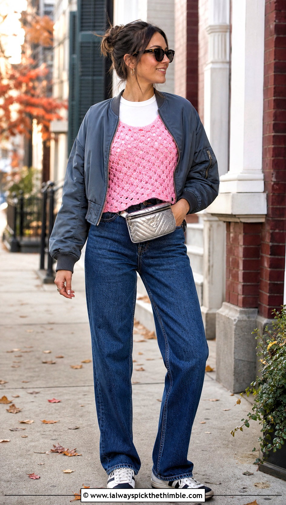 Sleeveless Crochet Shell Top With Bomber Jacket And Jeans - 20 crochet fall tops outfit ideas